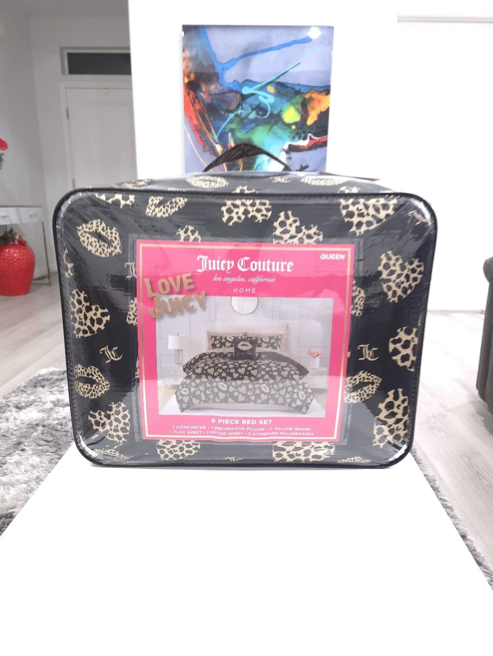 Juicy Couture QUEEN Cheetah Heart Kiss Love 8 piece Comforter and Sheets set New